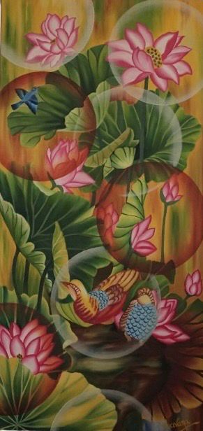 Handcrafted Lotus Painting with Koi Fish