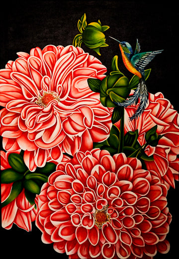 Blooming Elegance – Modern Floral Painting with Hummingbird