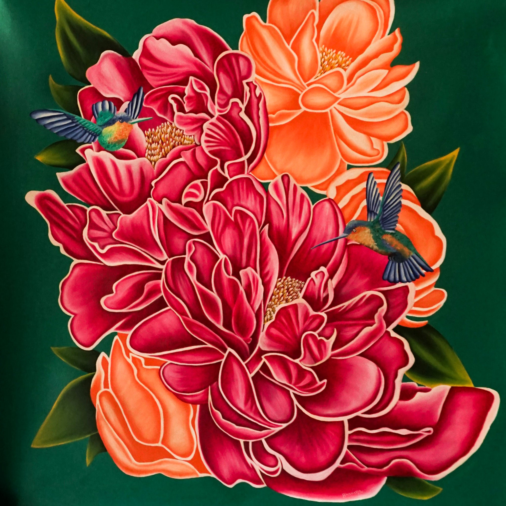 Hummingbirds with Peony Blossoms