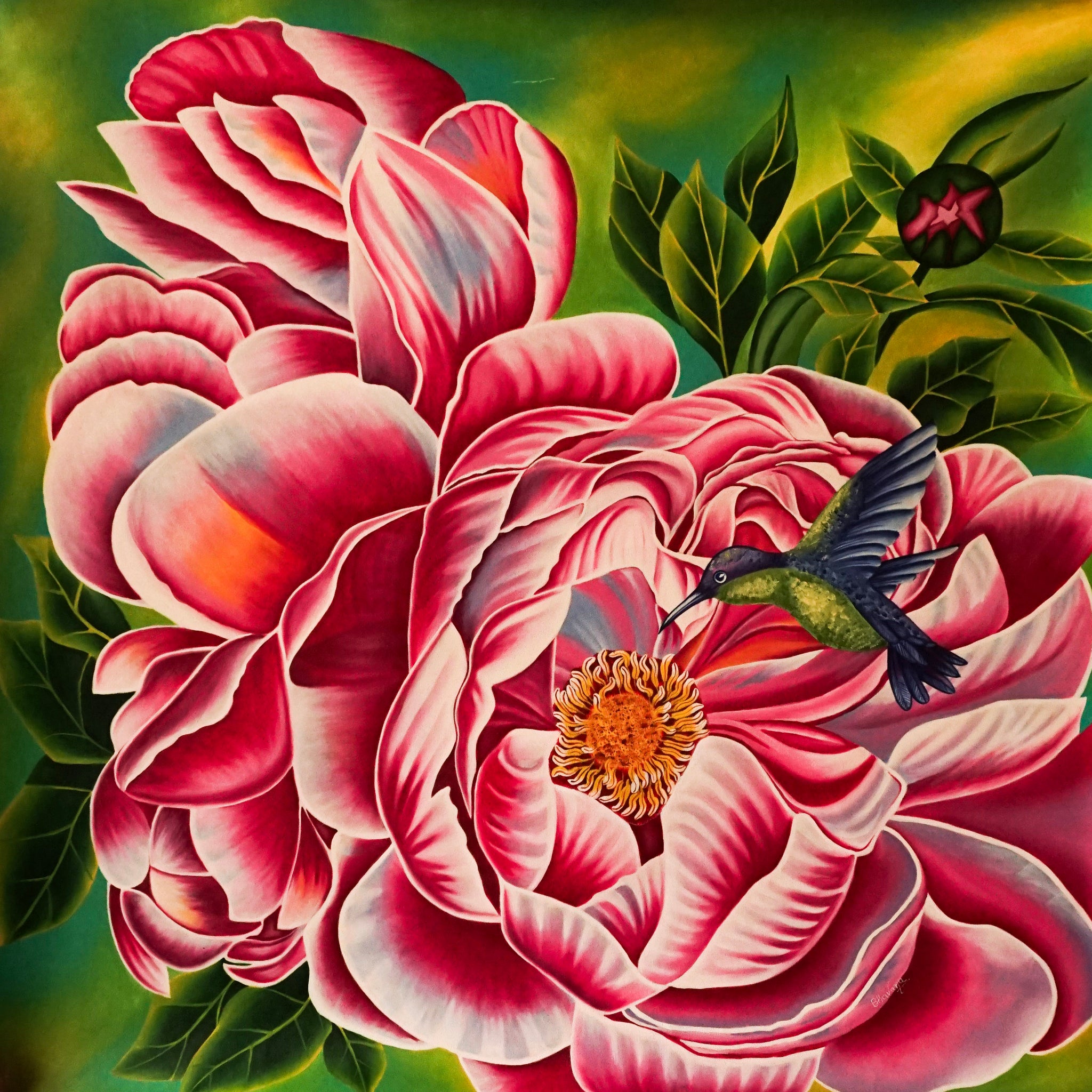 Hummingbird with Blooming Peony