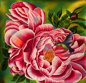 Hummingbird with Blooming Peony