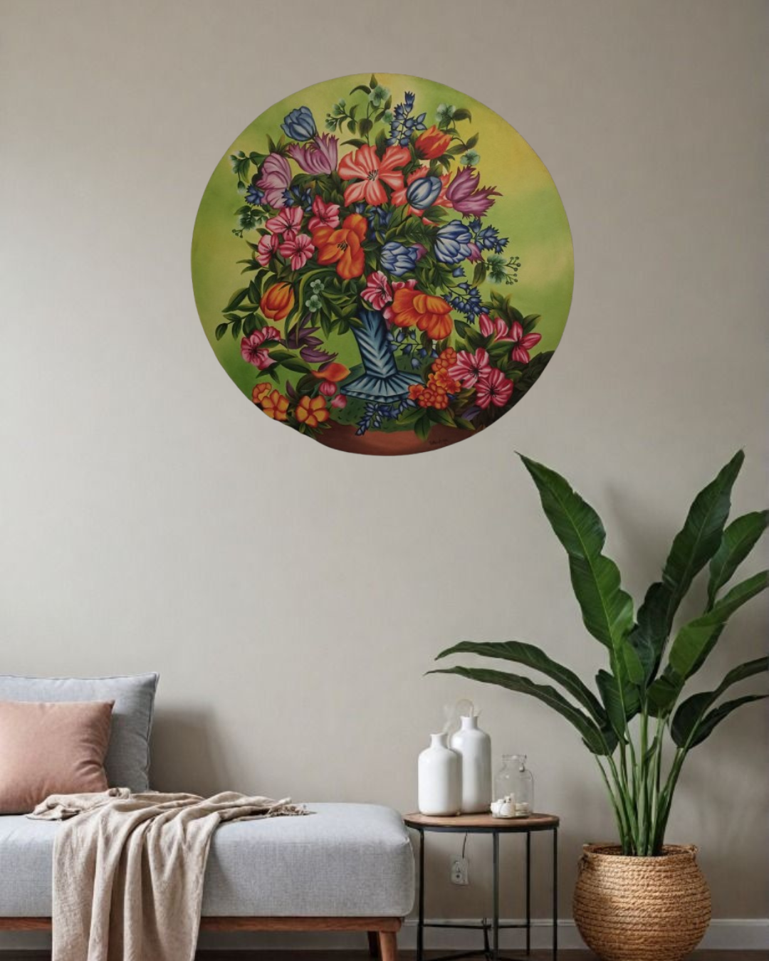 Floral bouquet in blue vase