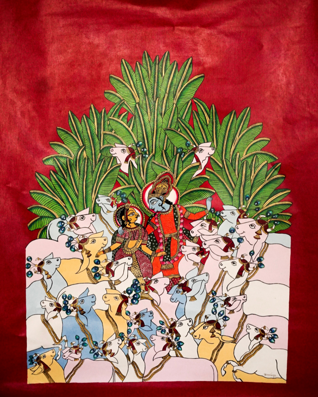Radha Krishna with Cows – Divine Folk Art Painting