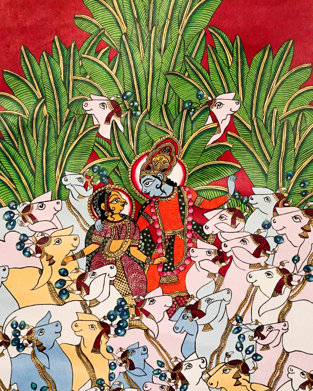 Radha Krishna with Cows – Divine Folk Art Painting