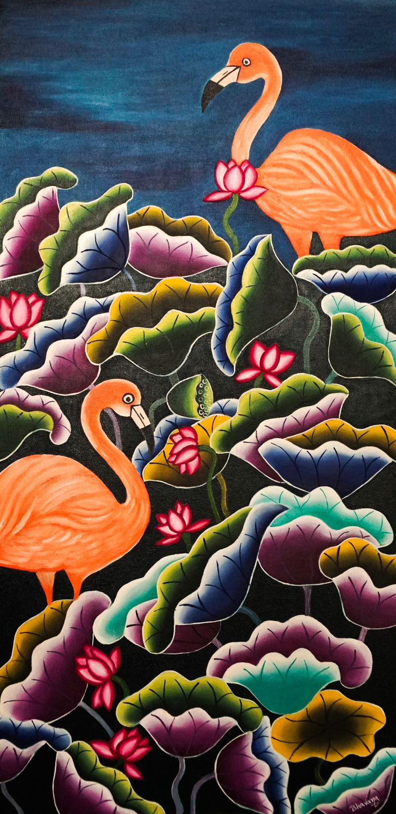 Flamingos Amid Lotus Blooms