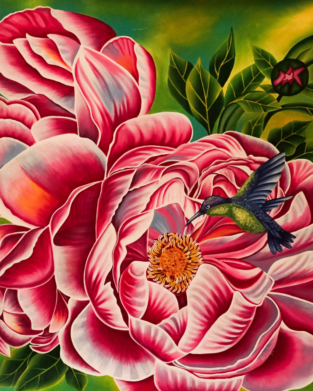 Hummingbird with Blooming Peony