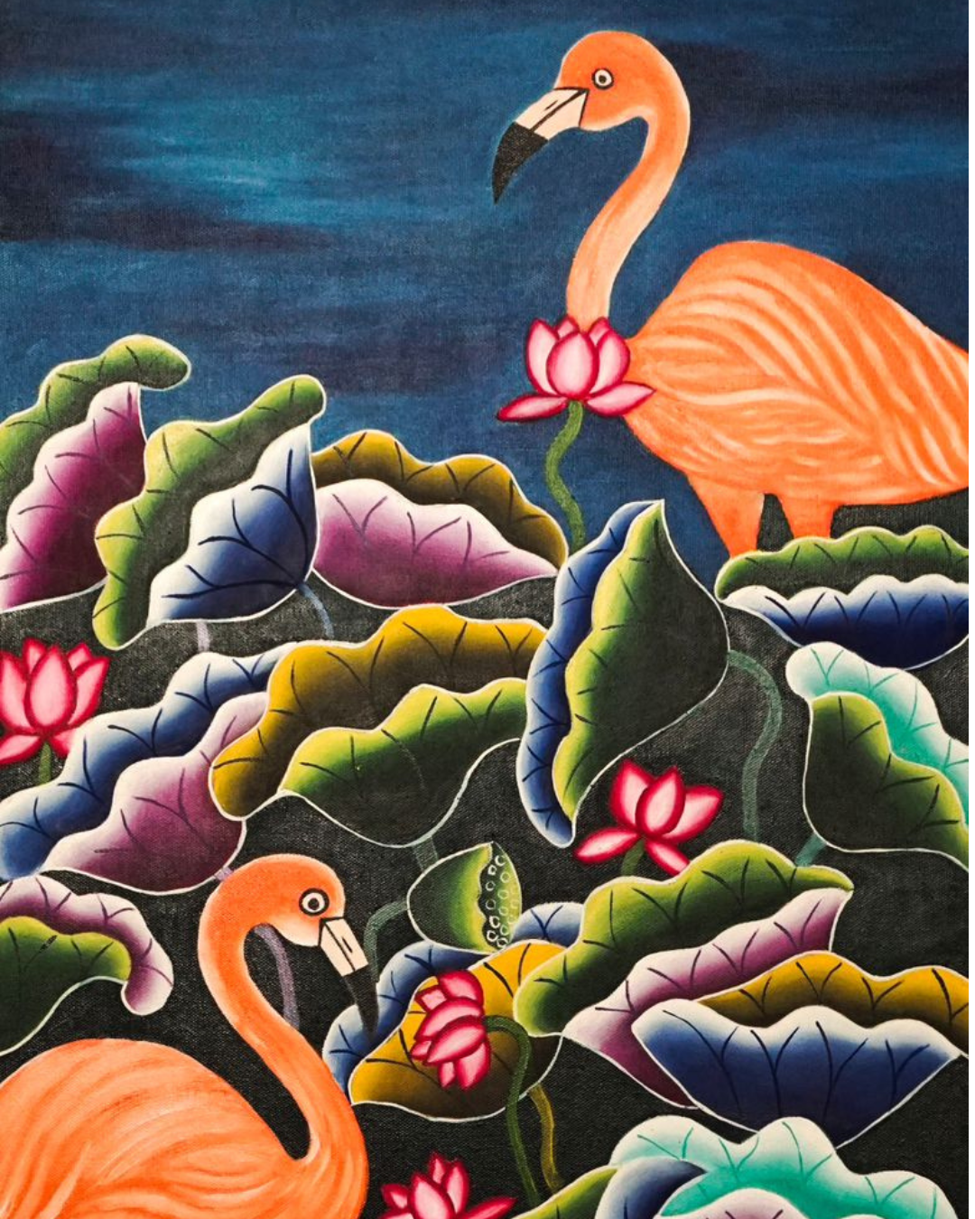 Flamingos Amid Lotus Blooms